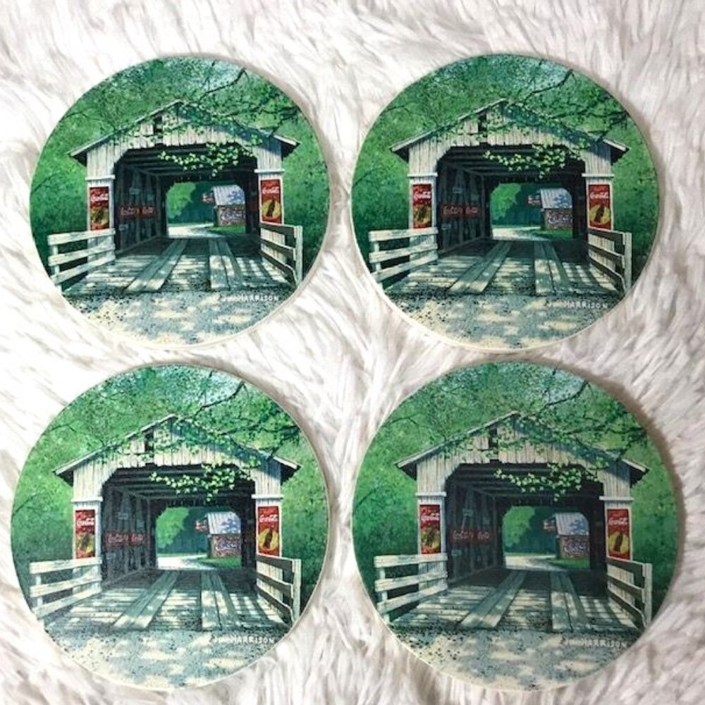 NWOT Set of 4 'Coke Covered Bridge' Stoneware Natural Cork Coasters